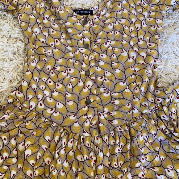 Gold Mini Romper Dress, gathered at shoulders & waist, Easy Front Opening - Picture 11 of 16